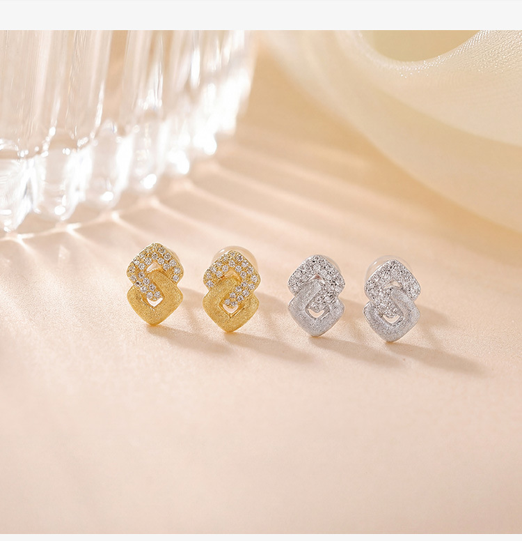 Bông tai bạc S925 mạ vàng hình vuông kim cương nhỏ gọn thanh lịch — Bạc chi tiết 2