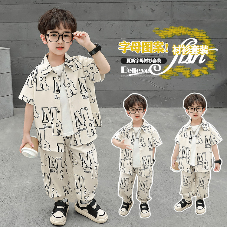 Boys Summer Letter Suit 2025 New Kidsren's Handsome Trendy Short-Sleeved Shirt Two-Piece Set for Small and Medium-Sized Kidsren