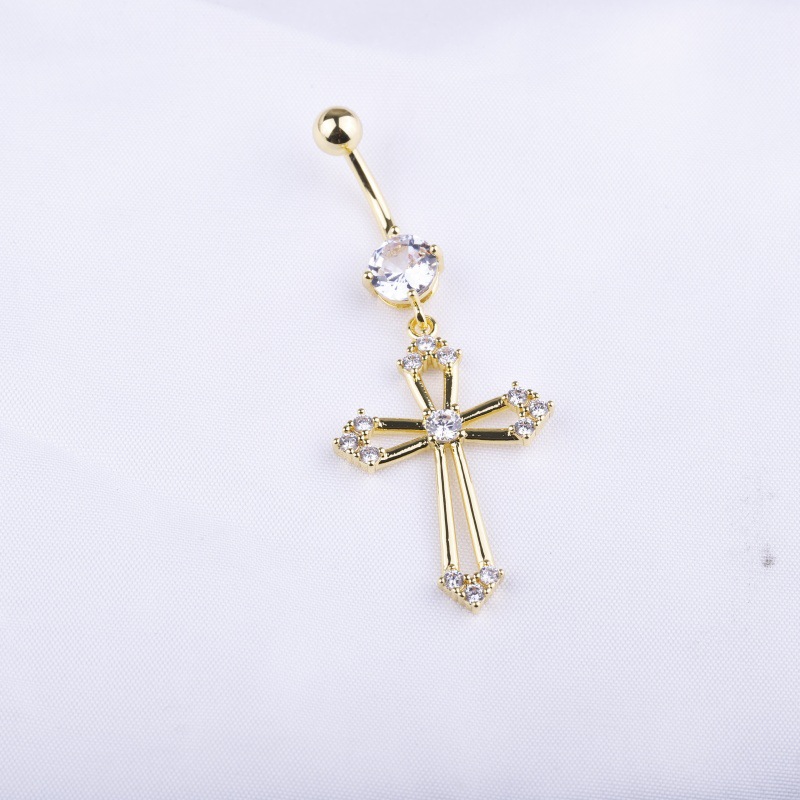Diamond Crown Cross Belly Button Ring Gold Dangle Body Piercing Jewelry detail image 14