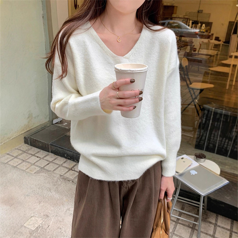 简约v领针织衫女秋冬新款ins基础款宽松内搭上衣休闲百搭打底毛衣|undefined