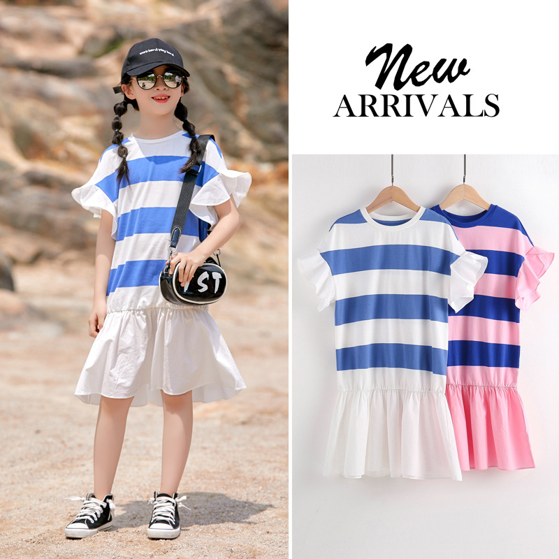 Vestido de las niñas de verano nuevo algodón puro de manga corta a rayas simple elegante vestido casual para niños vestido de princesa con volantes