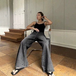 2026春季美式复古宽松黑灰色窄版直筒牛仔裤女高腰阔腿拖地裤长裤