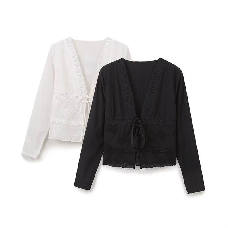 Foreign trade cross-border wholesale ZA series temperament lace stitching bow lace long sleeve shirt top 0881046 Foreign trade cross-border wholesale ZA series temperament lace stitching bow lace long sleeve shirt top 0881046