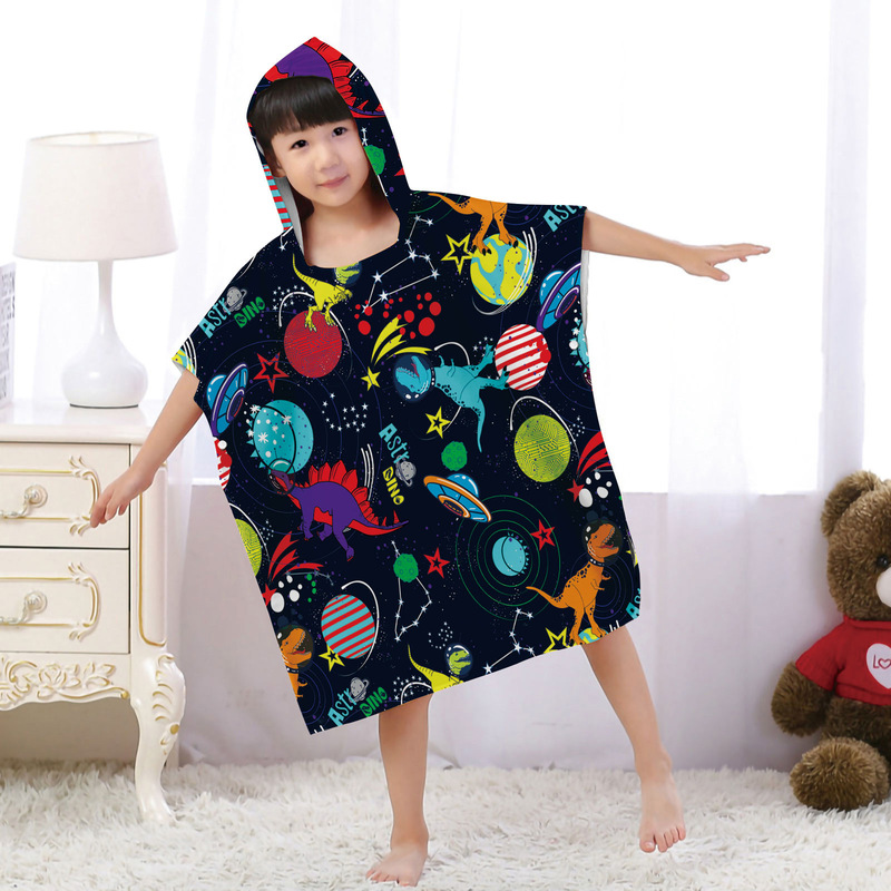 Children's Surfing Bath Towel Cape Seaside Changing Bathrobe Dinosaur Printed Hooded Bath Towel Set