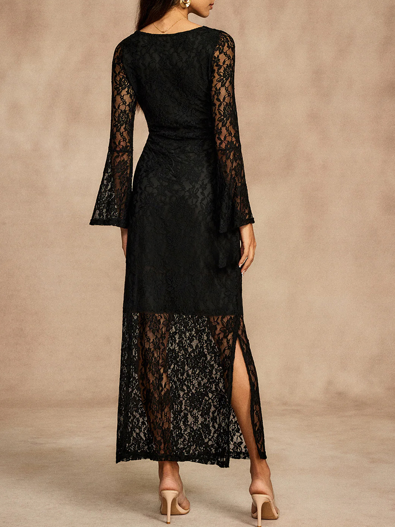 Spring Summer Autumn Women Elegant Lace Stitching Square Collar Bell Sleeve Maxi Dress