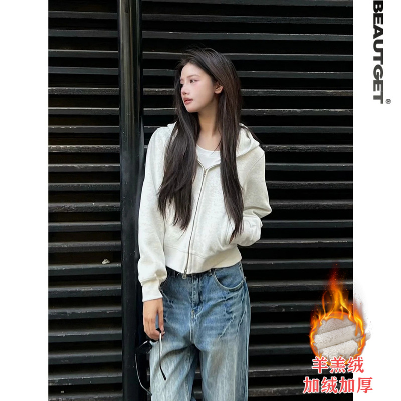 山东即墨嫚彩迪品牌美式街头短款双头拉链开衫连帽卫衣女潮流帽衫|undefined