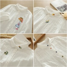 2024春秋新款小清新刺绣双层棉纱宽松女上衣衬衫 秋装长袖衬衣