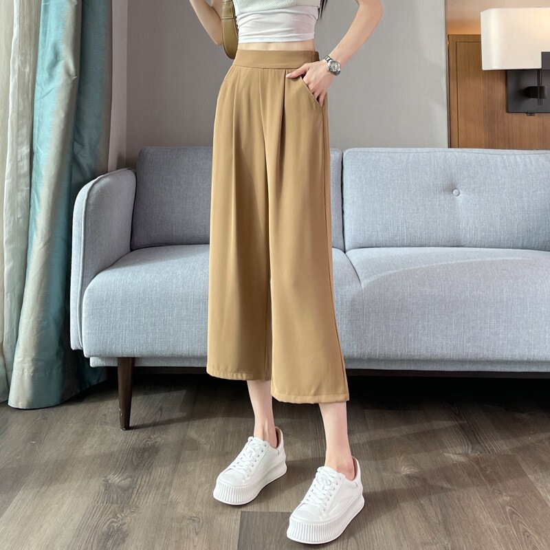 Ice silk three-quarter wide-leg pants for women, summer thin style, 2026 new model, plus-size women's pants, casual straight chiffon suit pants Ice silk three-quarter wide-leg pants for women, summer thin style, 2026 new model, plus-size women's pants, casual straight chiffon suit pants
