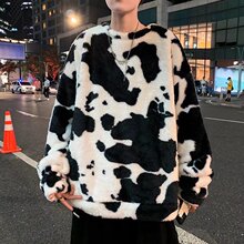 复古港风毛绒卫衣男2021秋冬款宽松BF风拼色圆领毛衣外穿打底上衣