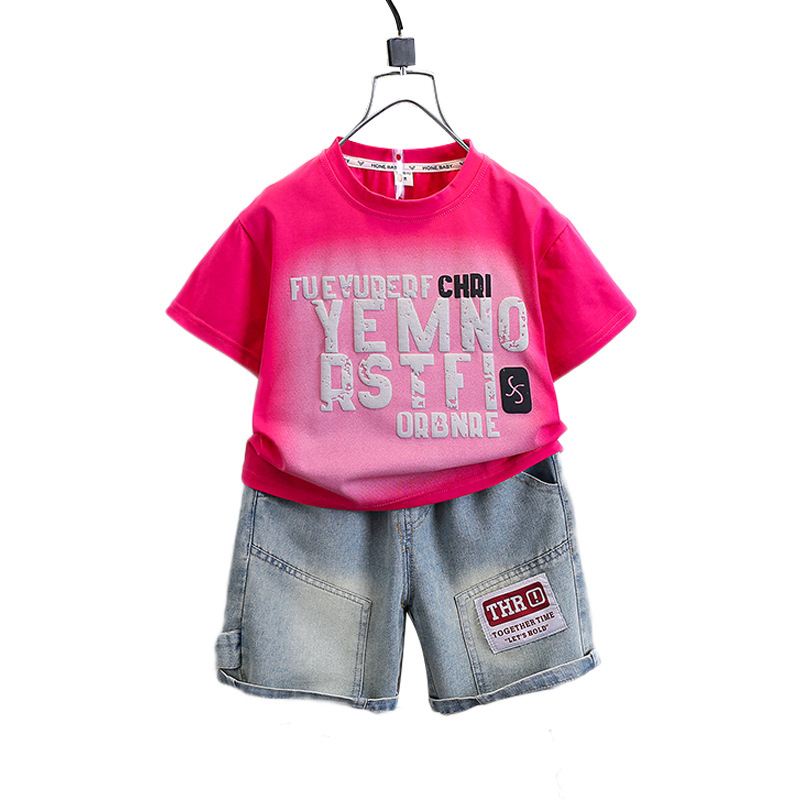 7208 Traje de verano para niños 2025 Nuevo vestido de verano para bebés Camiseta de manga corta Han Fan Red de Internet para niños Traje de dos piezas Tren 3