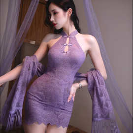 情趣内衣性感辣妹新中式紫色纯欲开衫蕾丝镂空旗袍挂脖连衣裙套装