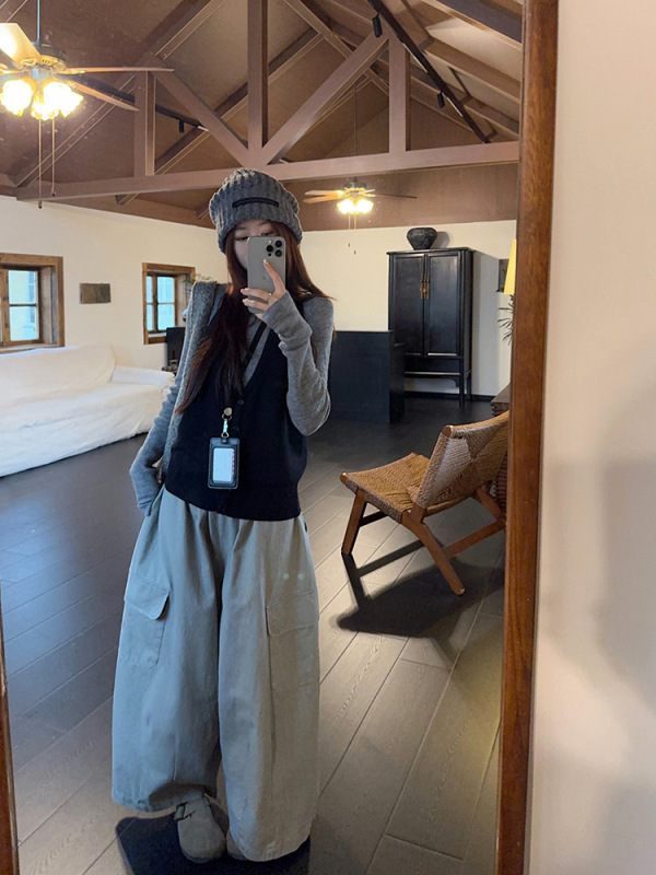 韩系穿搭灰色针织衫挂脖吊带水洗工装休闲裤女2025秋季新款套装潮|undefined