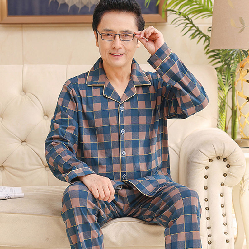 Pajama de mediana edad hombre primavera y otoño manga larga cardigán hombre de mediana edad set de ropa para el hogar