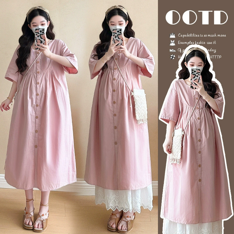 Летнее платье для беременных 2025, новый стиль для будущих мам, свободное и многослойное летнее розовое платье большого размера, модное.