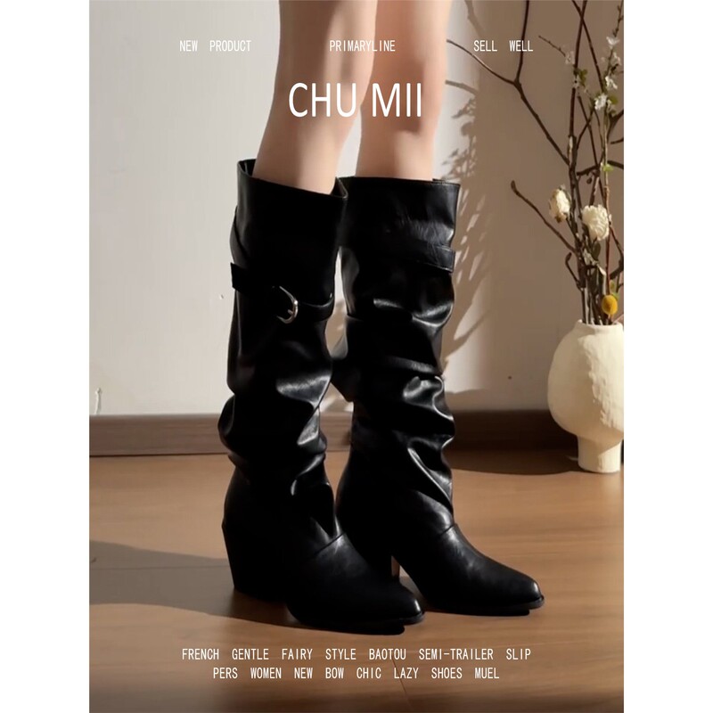 Sheepskin version~Fashionable black pointed-toe women's riding boots with chunky heel, belt buckle, stacked design, slimming and versatile knee-high boots Sheepskin version~Fashionable black pointed-toe women's riding boots with chunky heel, belt buckle, stacked design, slimming and versatile knee-high boots