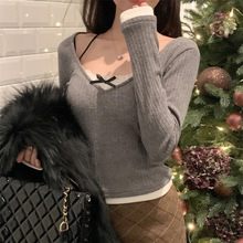 定制假两件韩系纯欲甜美蕾丝蝴蝶结挂脖长袖T恤女bm打底衫上衣潮