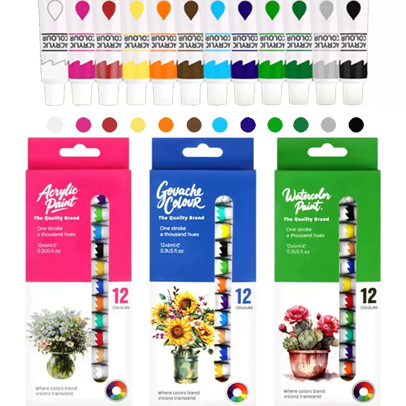 儿童绘画美术颜料 6ml12色水彩水粉丙烯颜料套装 美术颜料厂家