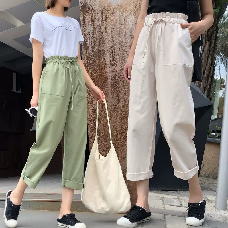 跨境2021春秋夏薄款工装裤子女学生九分韩版哈伦裤宽松高腰阔腿裤