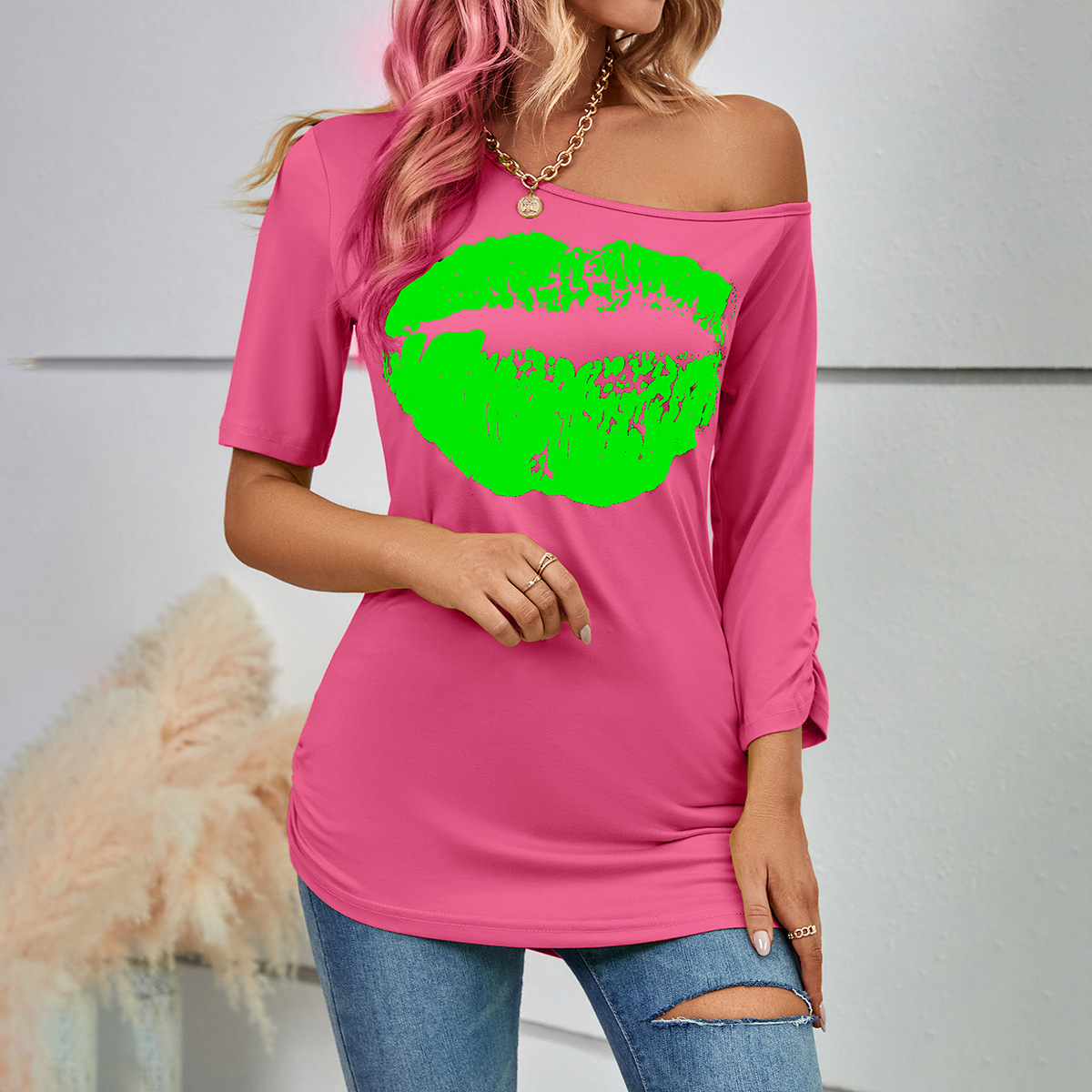 Frau T-shirt Halbarm T-shirts Drucken Lässig Mund display picture 4