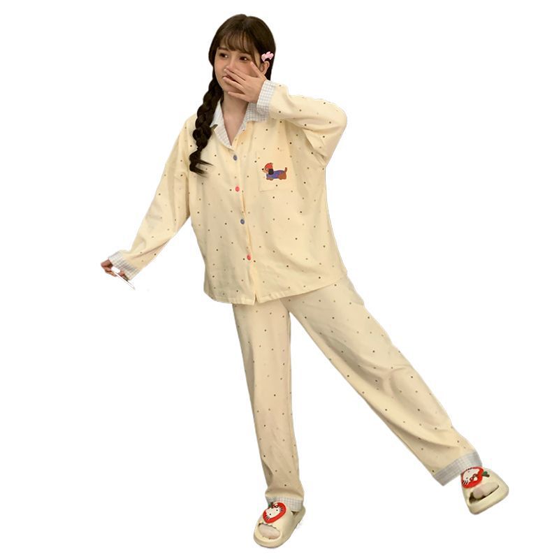 日系卡通睡衣女春秋季新款棉绸波点腊肠狗长袖大码网红家居服套装|undefined