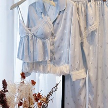 长袖睡衣女夏胸垫薄款性感情趣冰丝吊带四件套家居服女士夏季套装