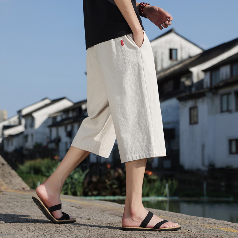 New Chinese Style Linen Pants Summer Men's Shorts Cotton Linen Casual Pants Chinese Style Straight Cropped Pants Medium Pants Breeches