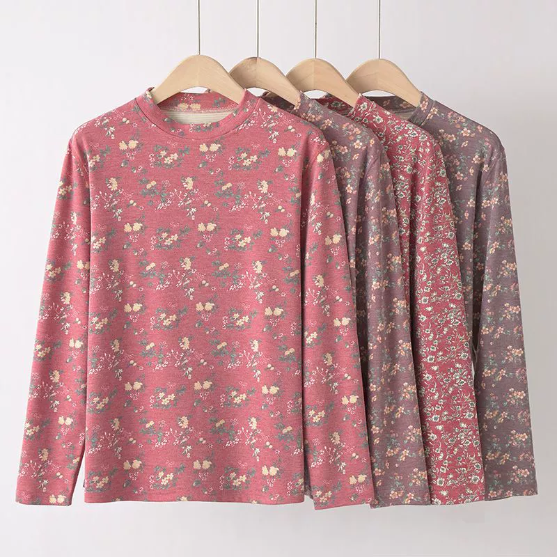 Женский теплый топ больших размеров с низким круглым вырезом и длинными рукавами с цветочным принтом для женщин среднего и пожилого возраста