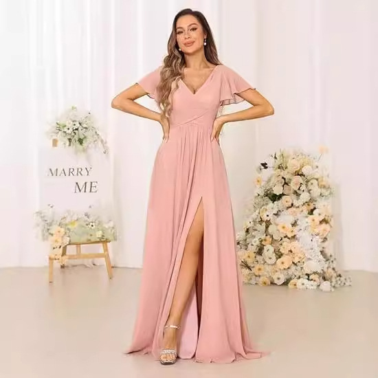 European and American Export 2024 Winter New Elegant Bridesmaid Evening Dress Youth Pleated Side Slit Formal Dress