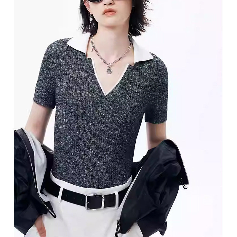 [Ff Order] Women's Knitted Sweater 2026 Spring Collection V-Neck Turn-Down Collar Shiny Short Sleeve Ribbed Polo Shirt T-Shirt Top