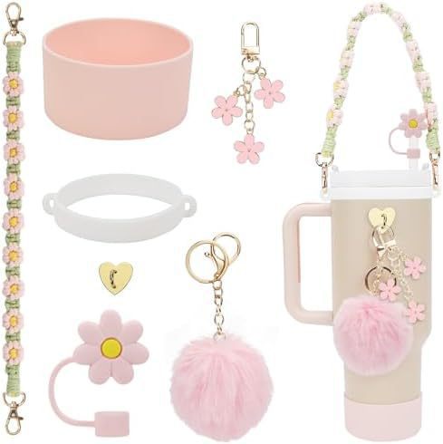 7pcs taza Stanley cuerda de mano colgante de silicona flor tapa de pajita bola de felpa colgante de copa cadena de taza de color