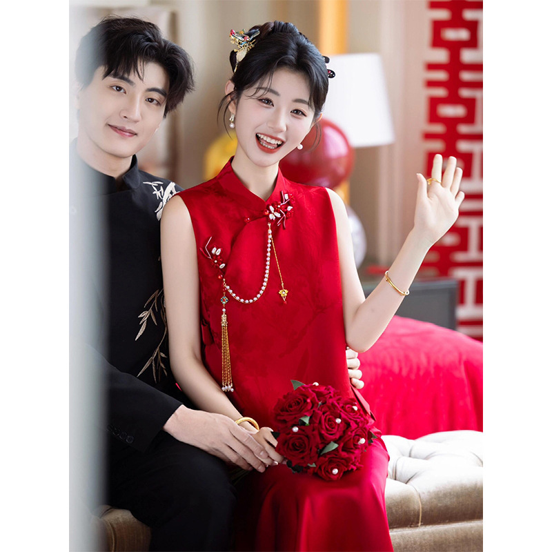 新中式订婚礼服旗袍敬酒服新娘2025新款红色晨袍女高级感回门便装|undefined