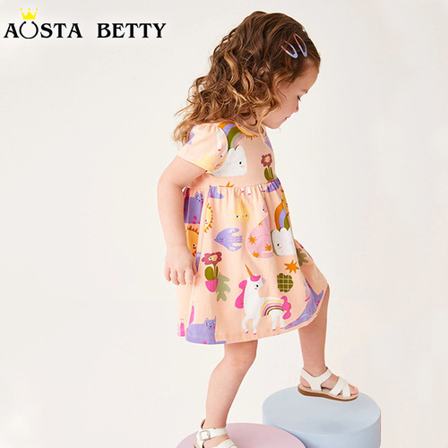 Cross-border source children's dresses European and American style children's cartoon printed princess dress 2024 summer new children's dress 