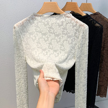 半高领打底衫女2024新款女装性感钩花镂空蕾丝衫气质内搭收腰上衣
