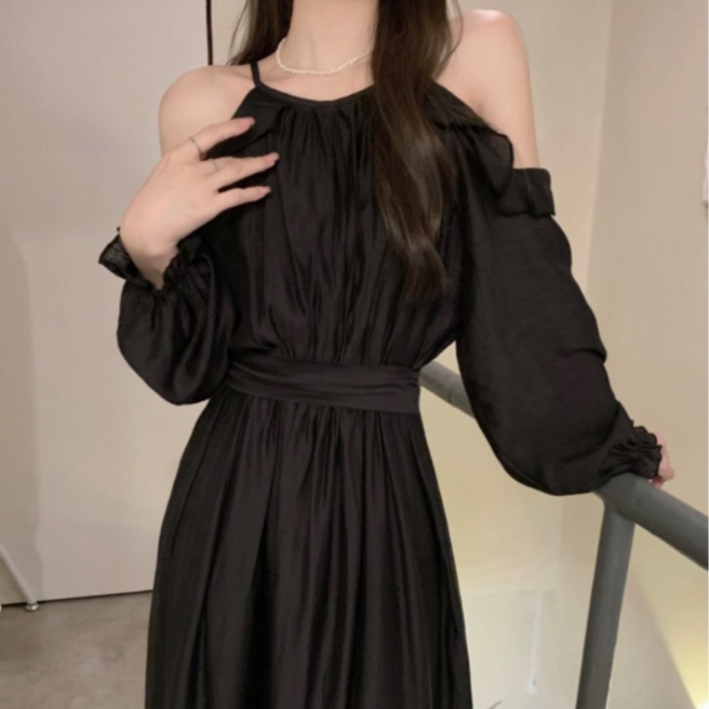 实拍 温柔风露肩仿天丝垂坠感连衣裙女早秋长袖气质收腰显瘦裙子|undefined