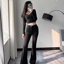 夏季新款欧美女装时尚纯色高腰西装喇叭裤直筒裤长裤K10772