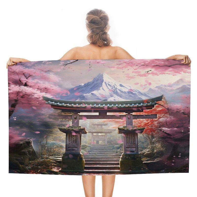 Aesthetic Japanese Cherry Blossom Beach Towel Oversized Lightweight Soft Watercolor Ancient Japanese Snow Mountain Bird Residence Bath Towel Beach Towel