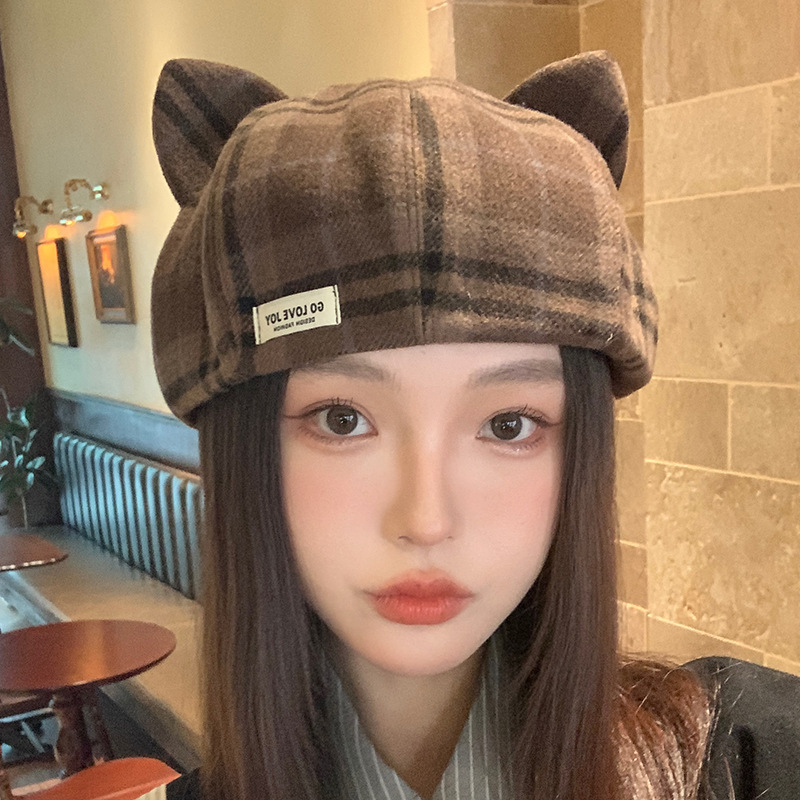 经典格子贝雷帽英伦百搭文艺画家帽秋冬毛呢保暖可爱猫耳朵八角帽|undefined