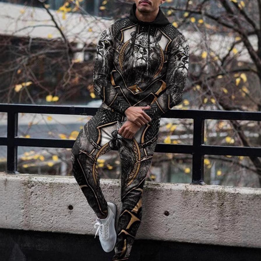 Tuta sportiva autunno e inverno moda colore bloccato casual felpa con cappuccio stampata in 3D pantaloni set due pezzi uomo_voghion.com