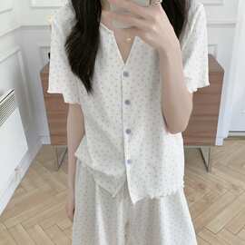 白碎花V领睡衣套装女夏季新款短袖短裤开衫家居服两件套一件代发