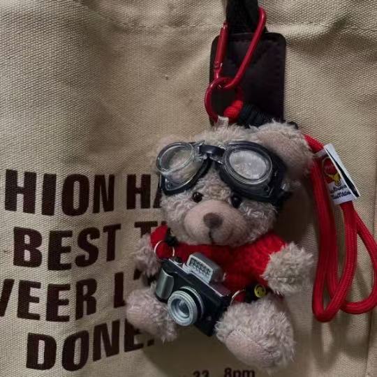 Cámara flash osos colgantes bolsos de peluche muñeca tela muñeca pareja llaveros regalo de cumpleaños creativo