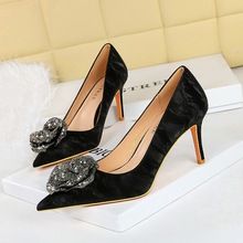 18249-A3H52 National Style Women's Shoes Banquet High Heels Thin Heels Shallow Mouth Pointed Water Diamond Flower Rose Single Shoes