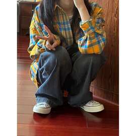 2024美式复古小众设计感格子衬衫女外套小个子宽松衬衣秋