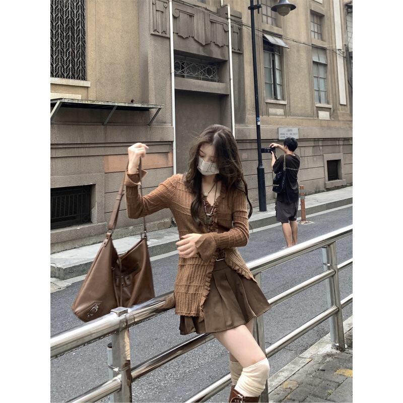 Maillard Brown Lace Knit Cardigan for Women, Spring and Autumn Thin Style, Versatile for Commuting, Slimming Top and Short Skirt Two-Piece Set