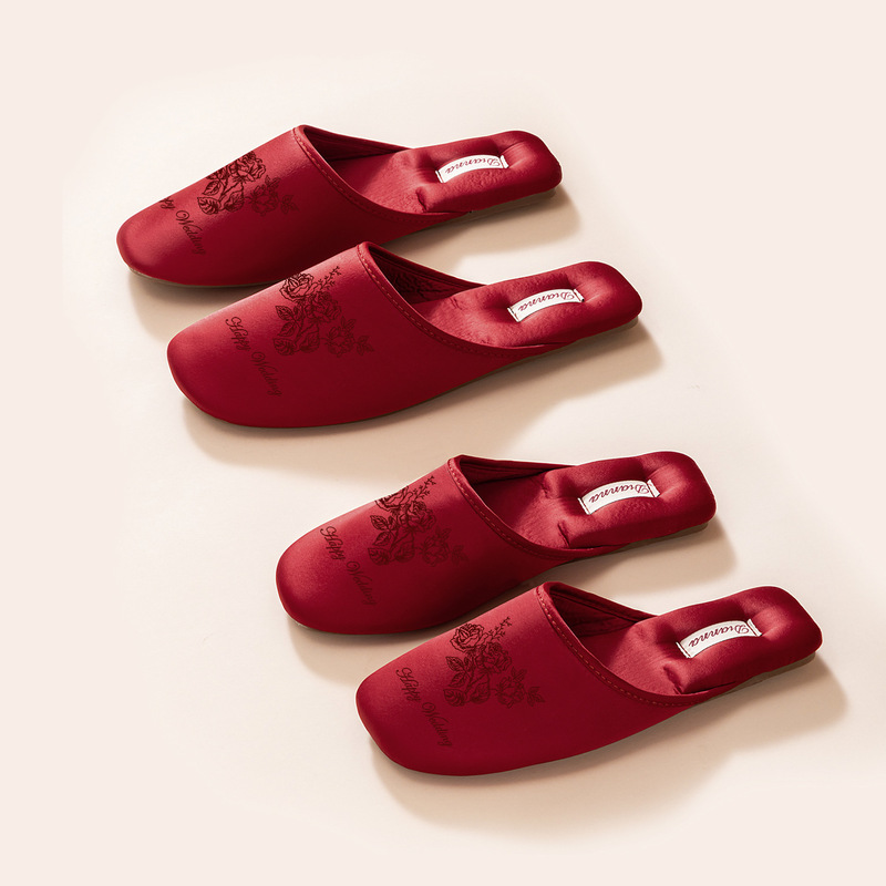 Wedding Slippers, Winter High-End Satin Light Luxury and Comfortable Toe-Toe Slippers, Home Non-Slip and Deodorant Bridal Dowry Slippers