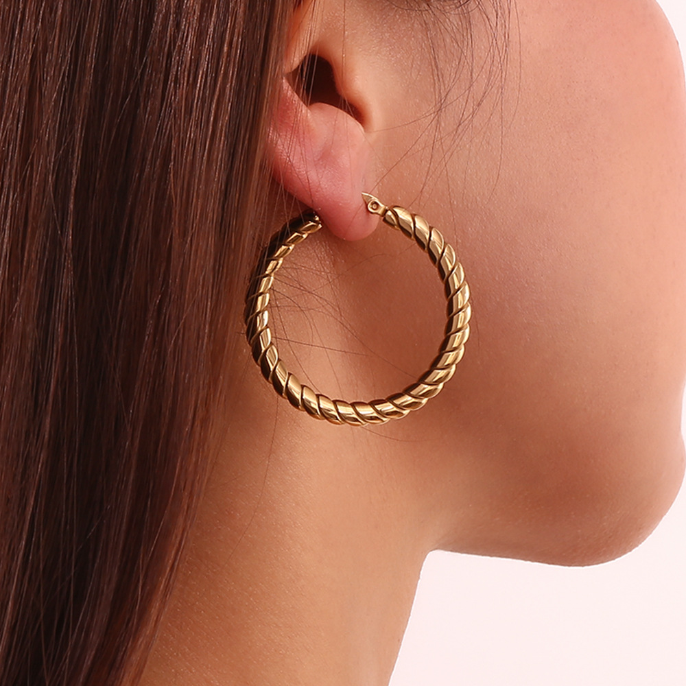 Model Show Flat Braided Circle Stainless Steel Earrings