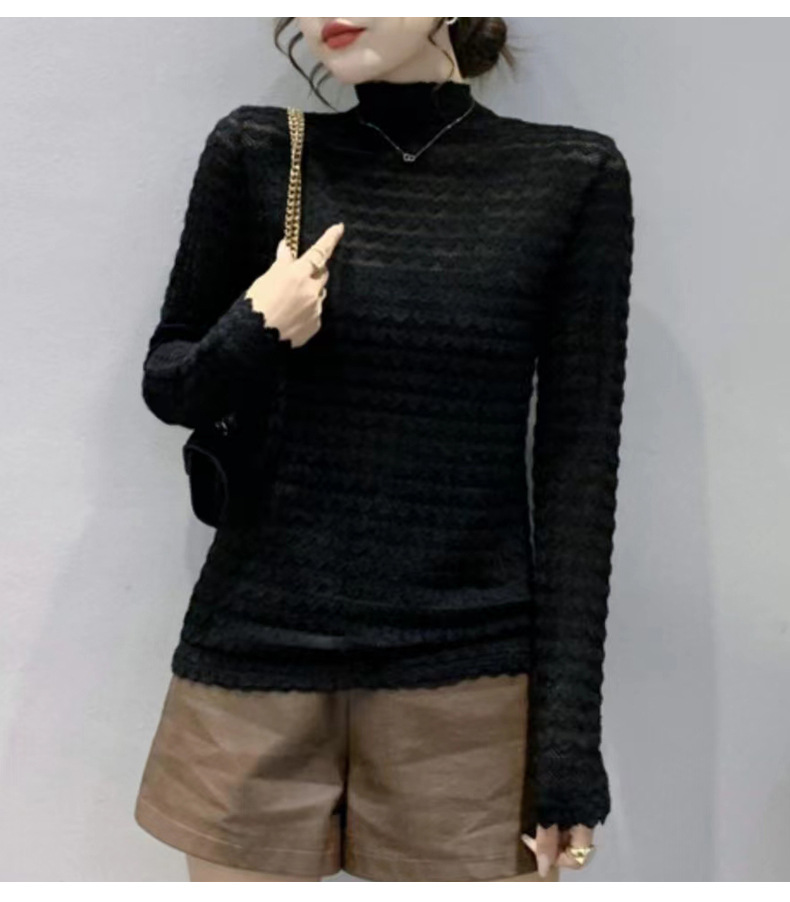 Maglia termica da donna a maniche lunghe con scollo a lupetto e pizzo floccato - Elegante capo da indossare a strati per l'autunno e l'inverno_voghion.com