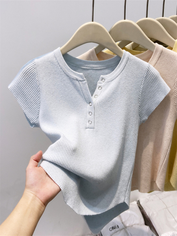 Vネックセーター半袖Tシャツレディース2025夏新デザインスリムフィットショート万能ボトムストップ|undefined