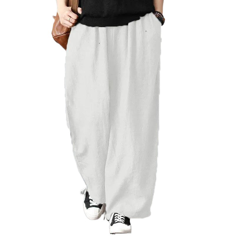 Spring, Summer and Autumn Daddy Men's Cotton and Linen Casual Pants Retro Zen Cotton Color Literary Style Wide Leg Pants Plus Size Fat