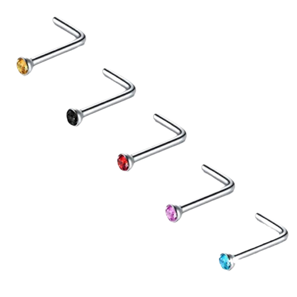 Edelstahl-Nasenpiercing in L-Form, 7-förmiger Stab, Strassstein, 10-teiliges Set, Großhandel_voghion.com