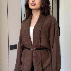 跨境欧美女装 2025秋冬宽松休闲纯色针织开衫女配腰带毛衣外套女